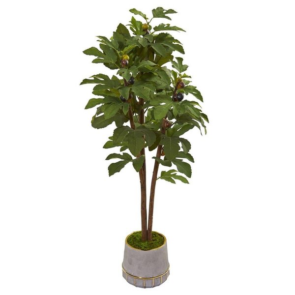 Nearly Naturals 47 in. Fig Artificial Tree in Stoneware Vase with Gold Trimming 9688